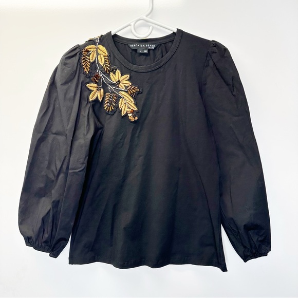VERONICA BEARD franchi embellished applique top in black puff sleeve size small - Picture 2 of 12